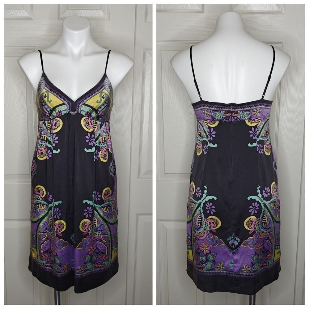 ECI 100% silk paisley floral V-neck spaghetti strap dress sz 4
